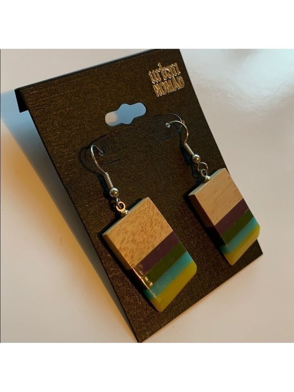 Boho unique chunky neutral wood and resin dangle earrings - Picture 3 of 6